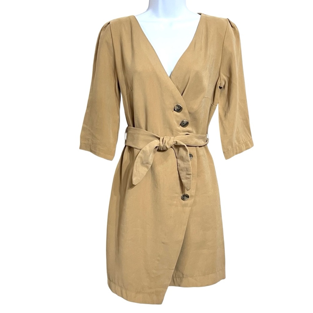 MNG Mango Asymmetric Faux Wrap Dress Womens 6 Camel Belted Button Front Artsy